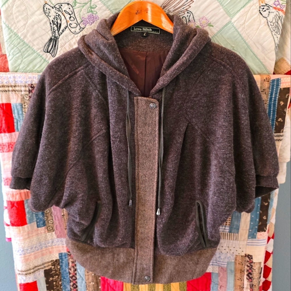 Love Stitch Mauve Hooded Zip-up Poncho Jacket Women's L